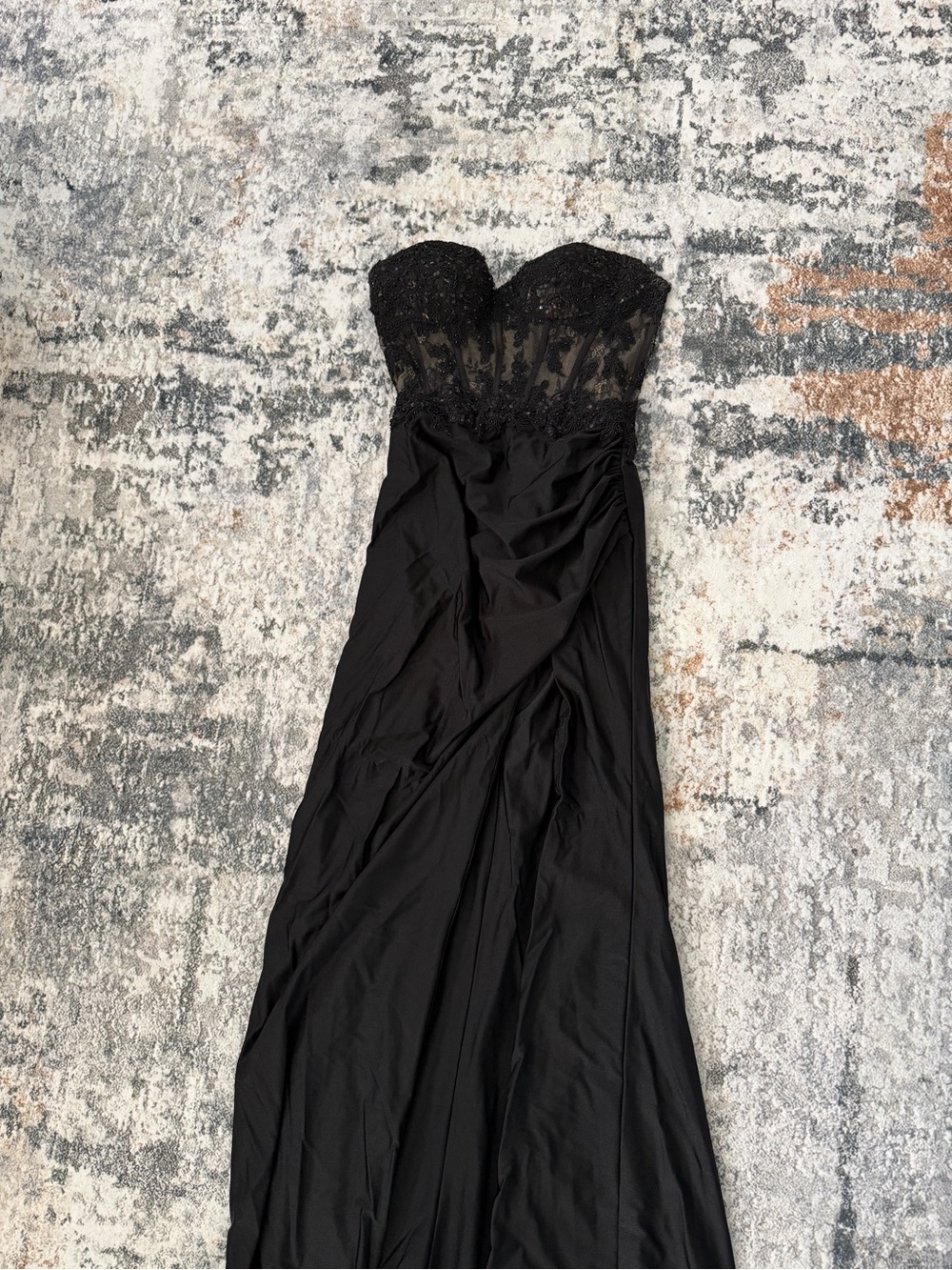 Sherri Hill Black Strapless Lace-Bodice Evening Gown